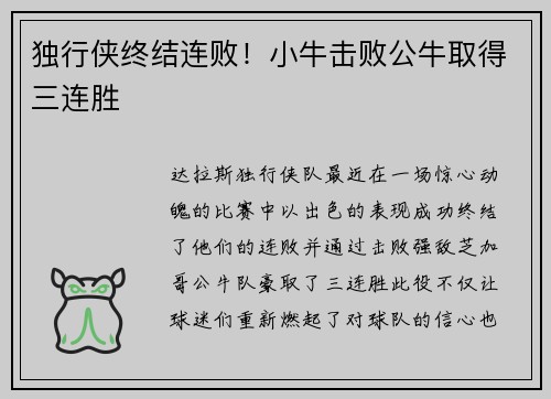 独行侠终结连败！小牛击败公牛取得三连胜