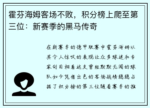 霍芬海姆客场不败，积分榜上爬至第三位：新赛季的黑马传奇